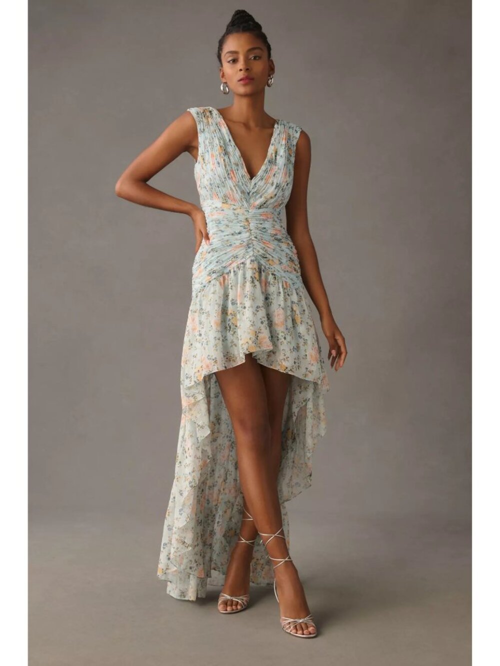 NWT Mac Duggal Ruched Floral Cap-Sleeve High-Low Gown